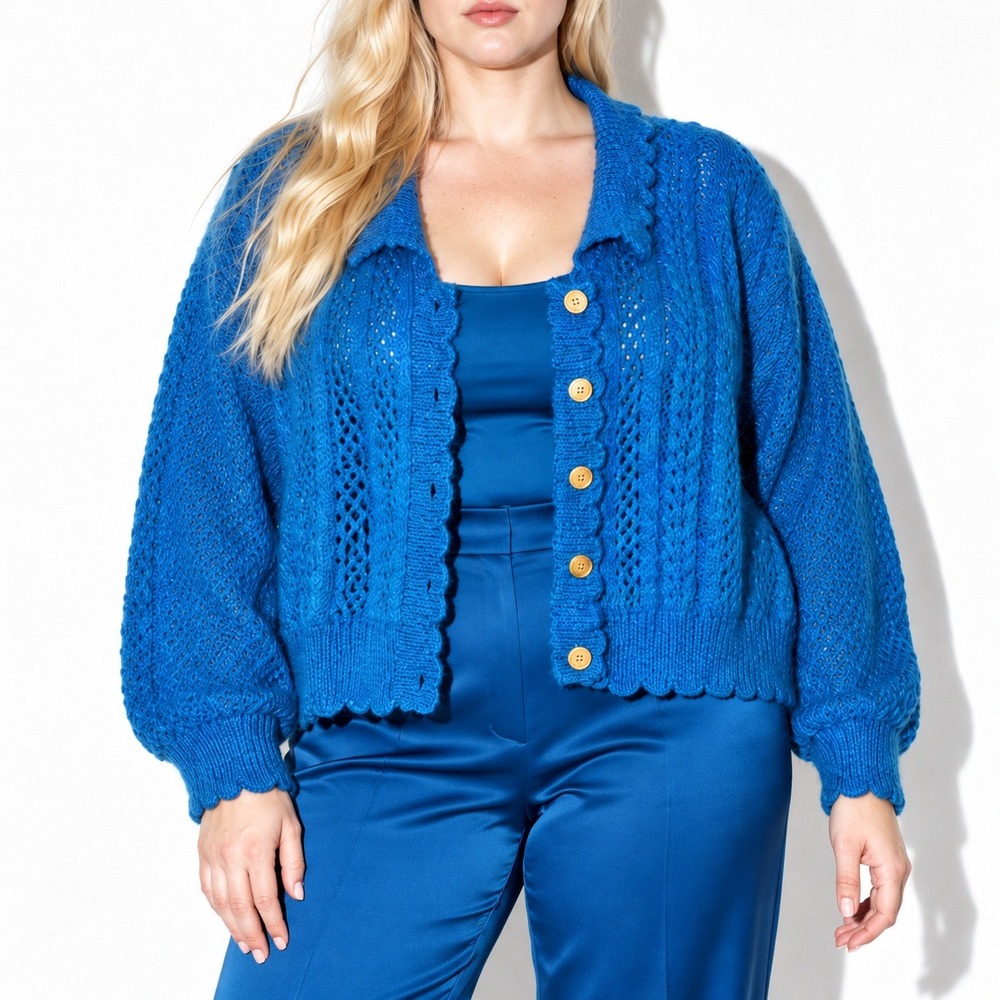 80s Vintage Pasta Peacock Blue Fuzzy Scalloped Button Cardigan Sweater Womens L